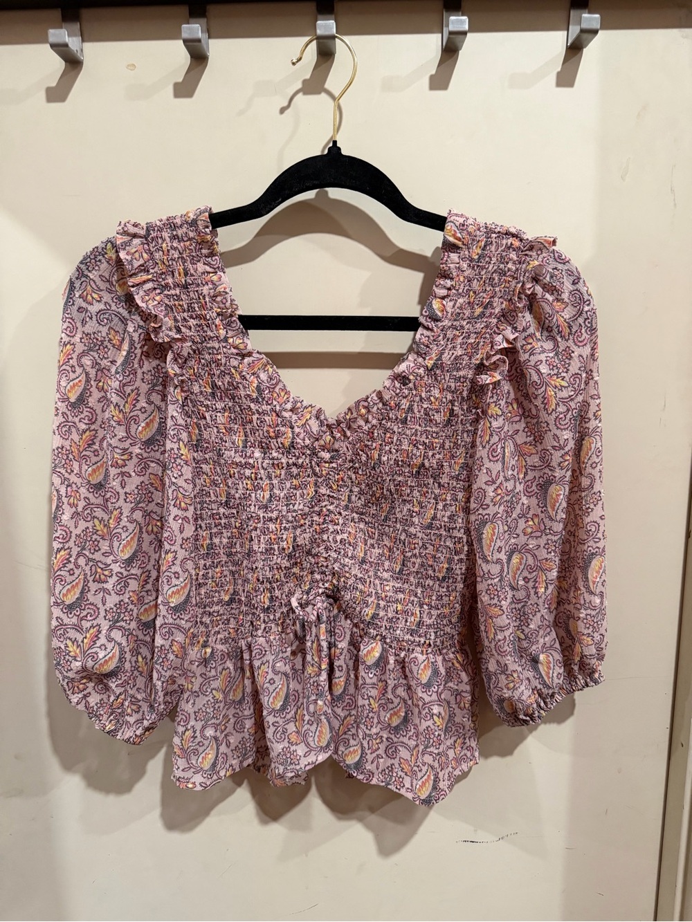 Smocked V-Neck Paisley Peasant Top - Pink